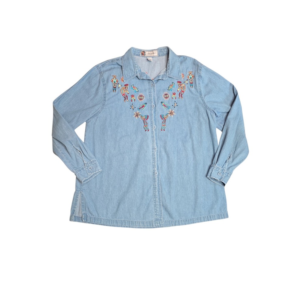 Vintage Passion-I Denim Shirt L Kokopelli Southwestern Embroidered 90s Western